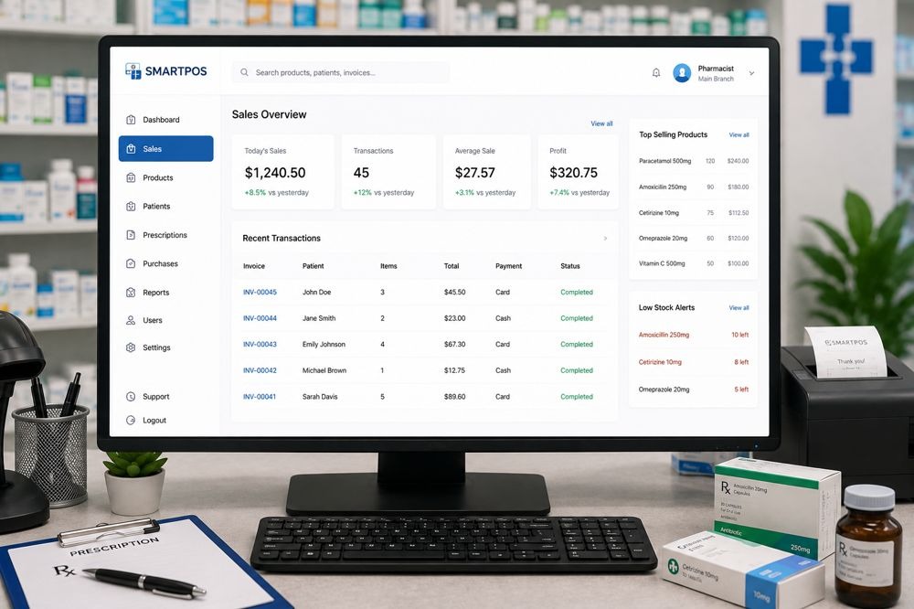 A pharmacy point of sale dashboard showing sales and stock