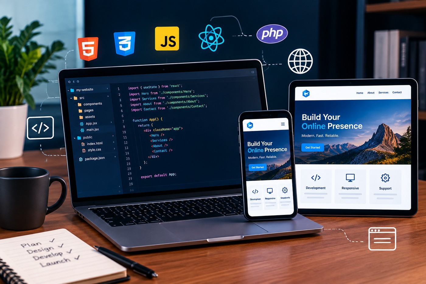 Laptop, tablet and phone showing a responsive website